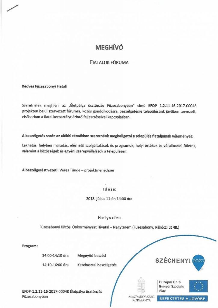 EFOP - 1.2.11-16-2017-00048 Életpálya ösztönzés Füzesabonyban- Fiatalok Fóruma 1.oldal