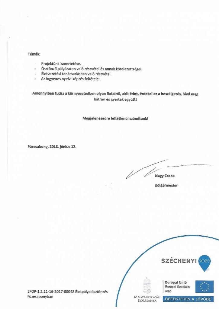 EFOP - 1.2.11-16-2017-00048 Életpálya ösztönzés Füzesabonyban- Fiatalok Fóruma 2.oldal